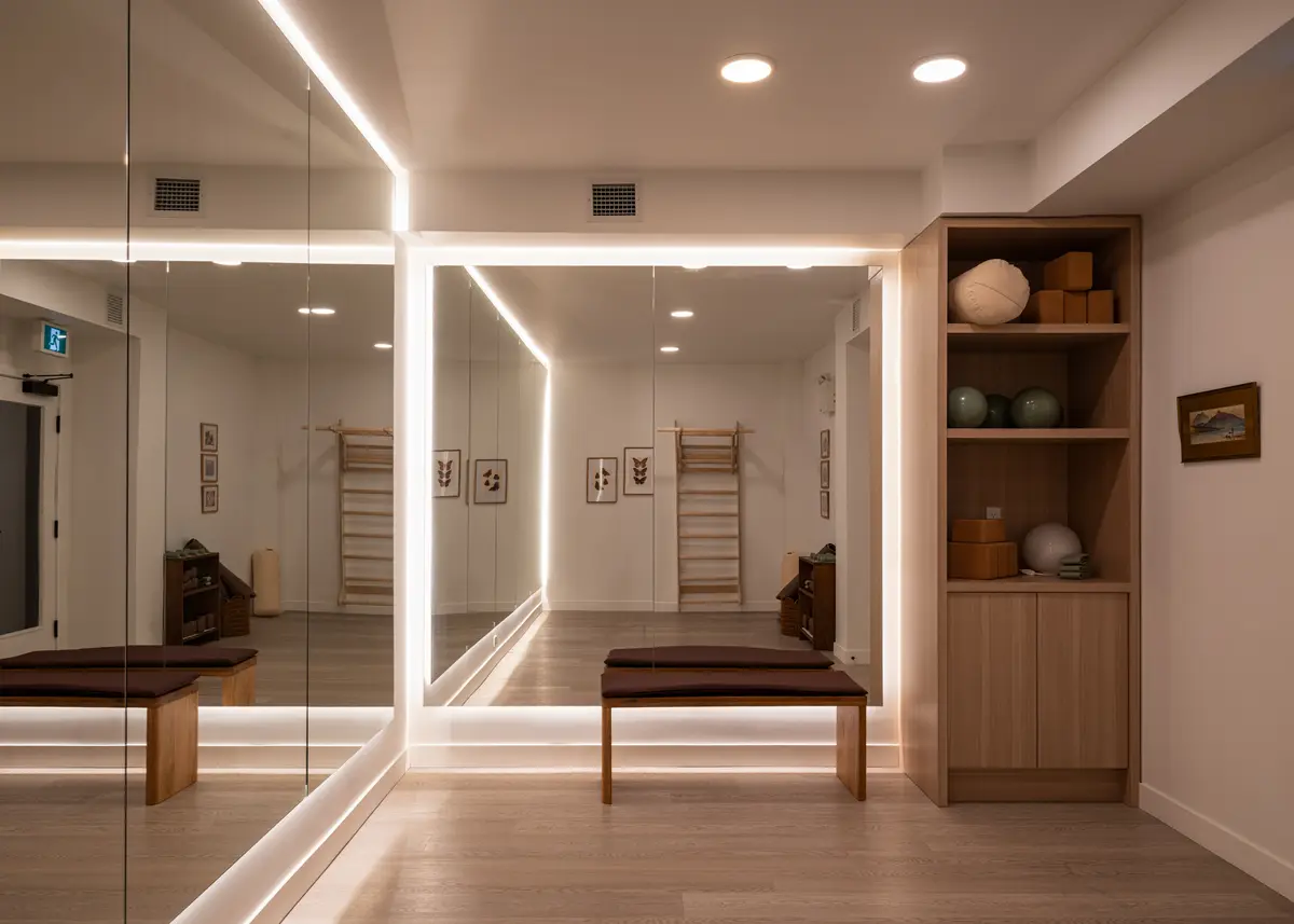 Mirrors, a bench, and stall bars in the gym
