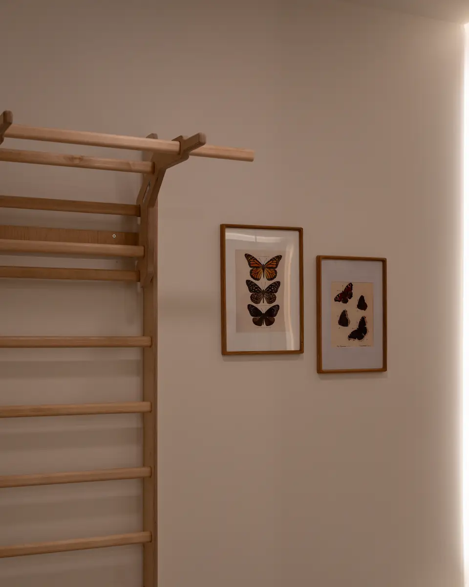 Wooden stall bars and two framed pictures