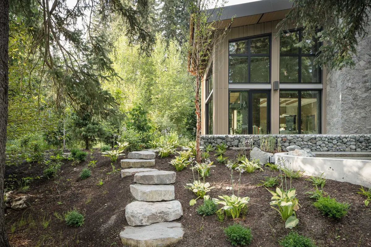 Flat stone steps through leafy plants toward tall black framed glazing, a gabion wall at the base