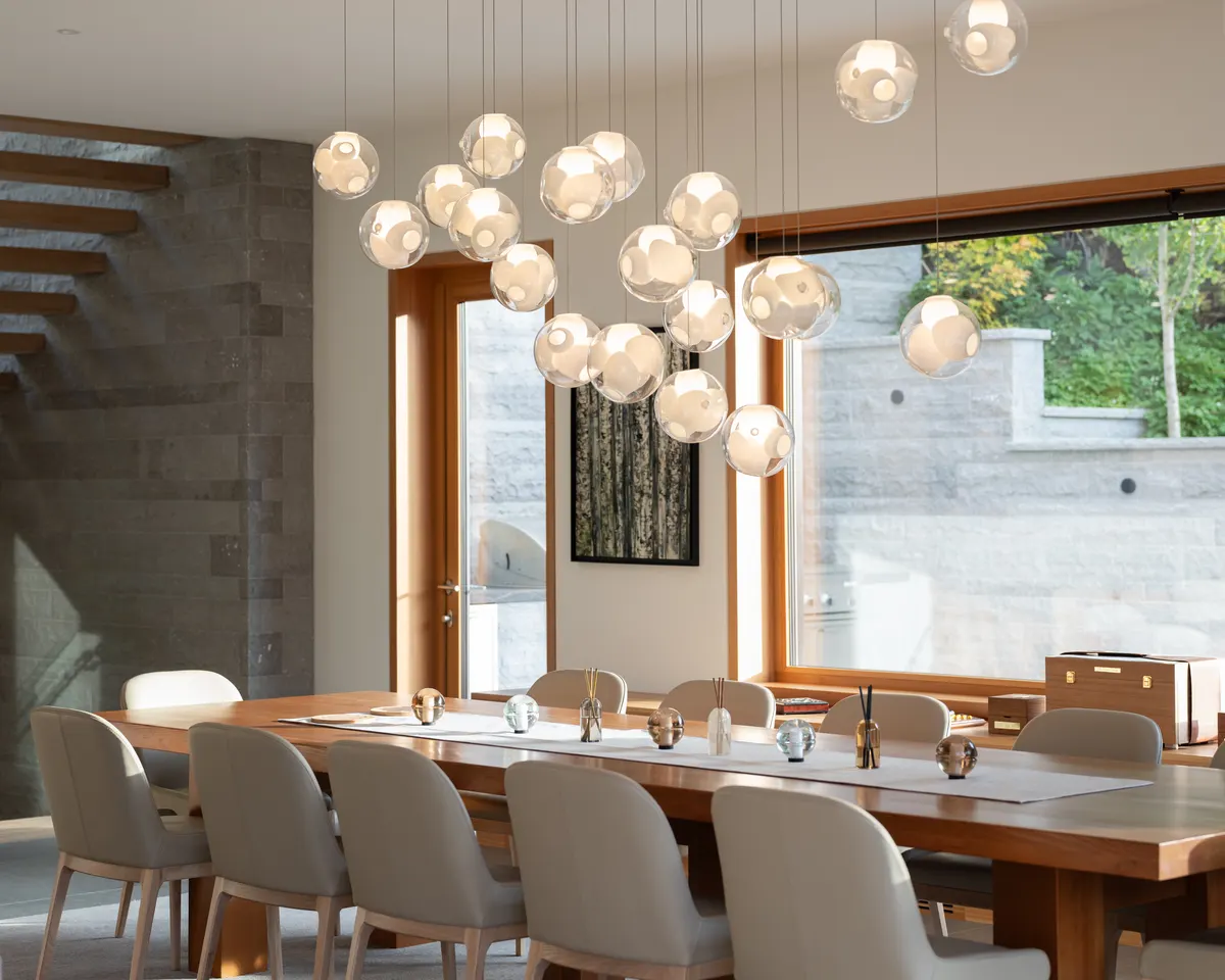 The dining table and glass pendants, Panorama Ridge, Whistler
