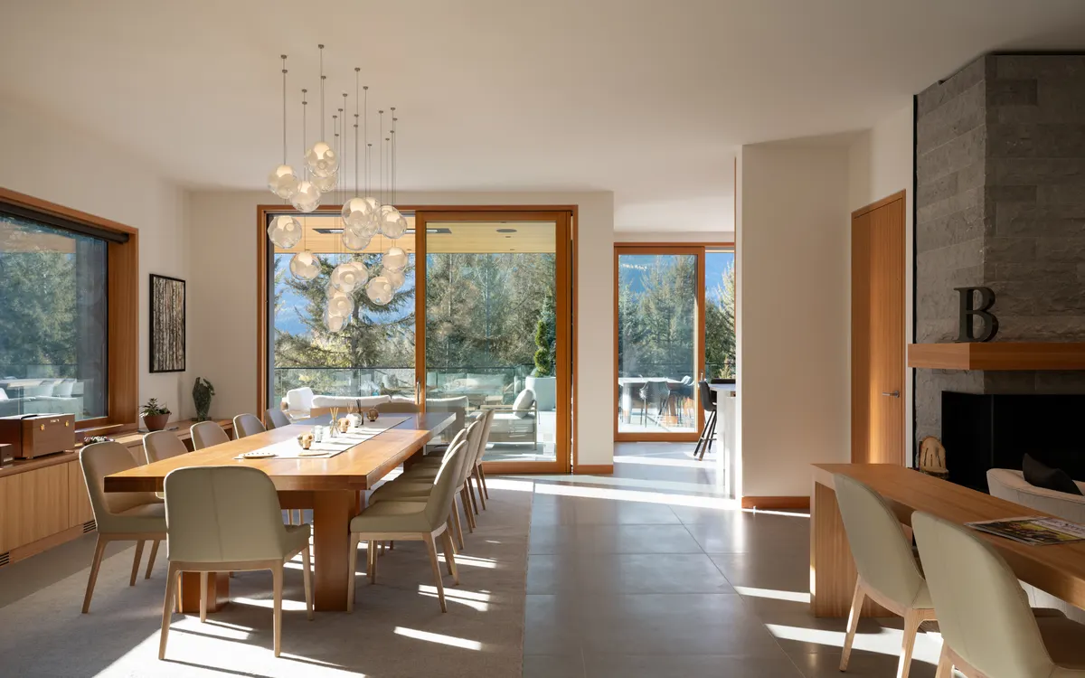 The dining table, and the deck beyond the glass, Panorama Ridge, Whistler
