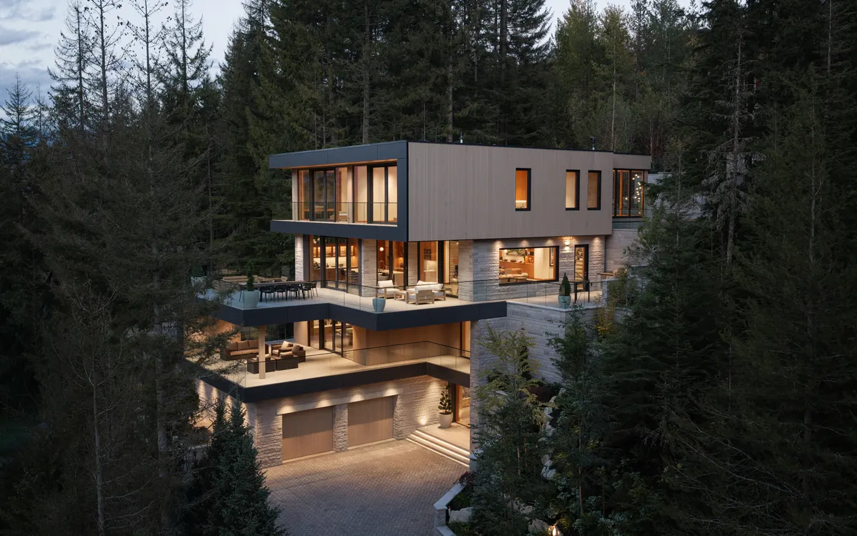 The house in the firs at dusk, from above, Panorama Ridge, Whistler