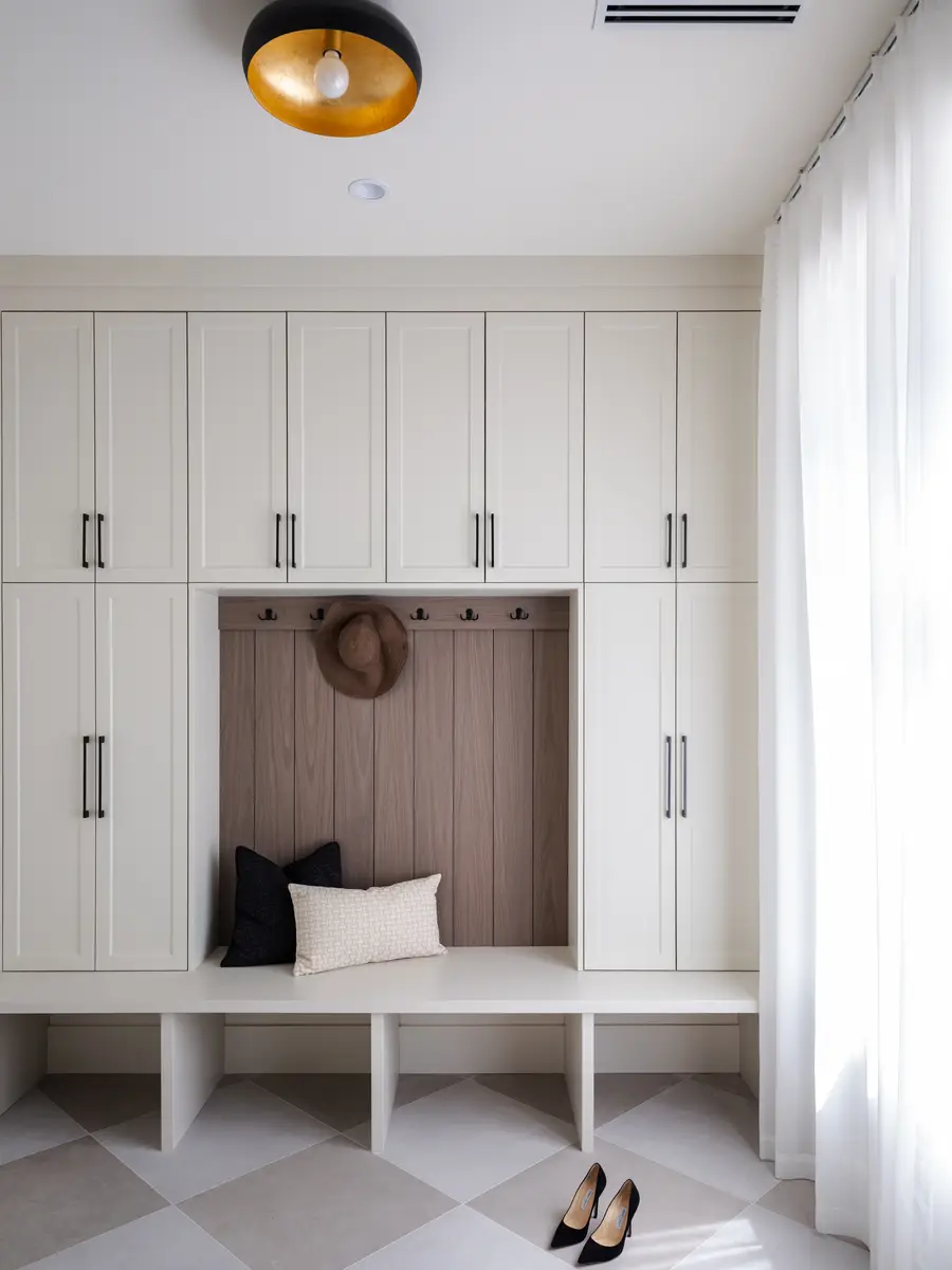 A mudroom bench under white cabinets, a checkerboard floor