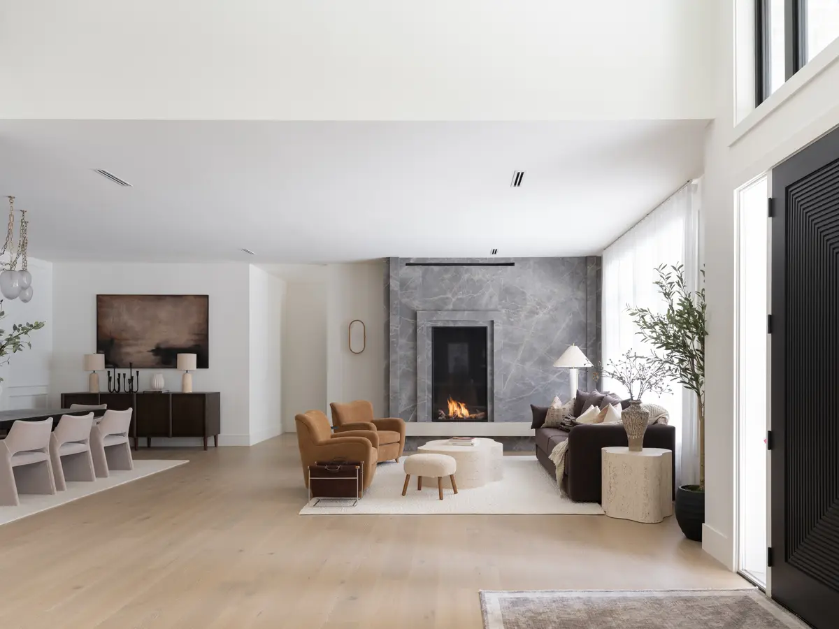 The length of the living room toward the fireplace