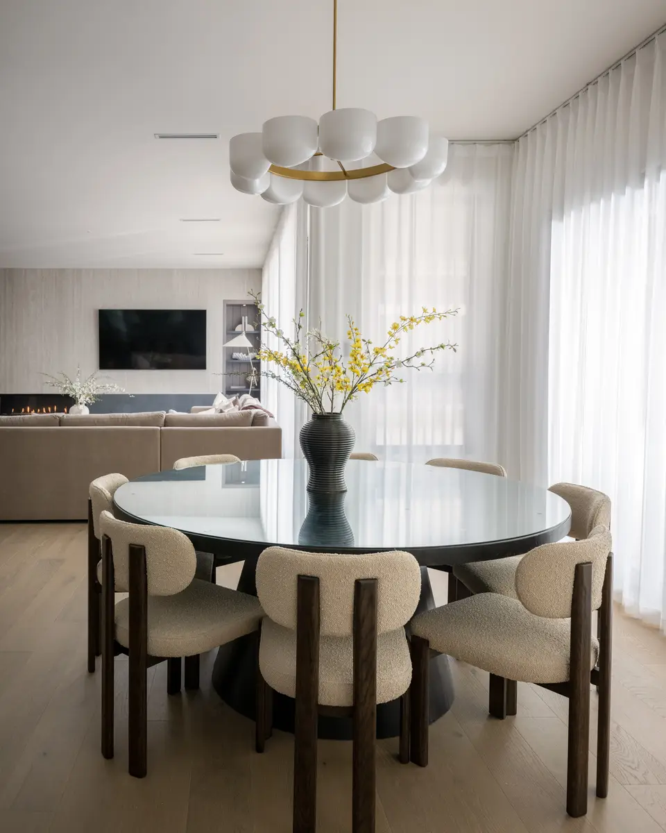 The round dining table under a chandelier
