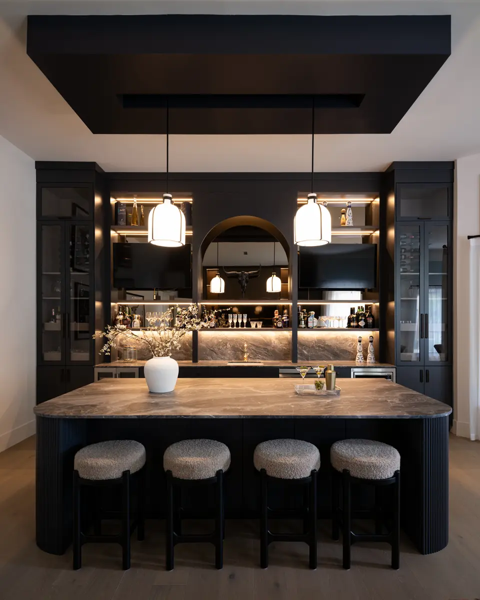 The bar head on, pendants over the stone top