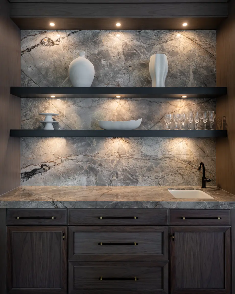 Open shelves above a dark cabinet, a stone backsplash