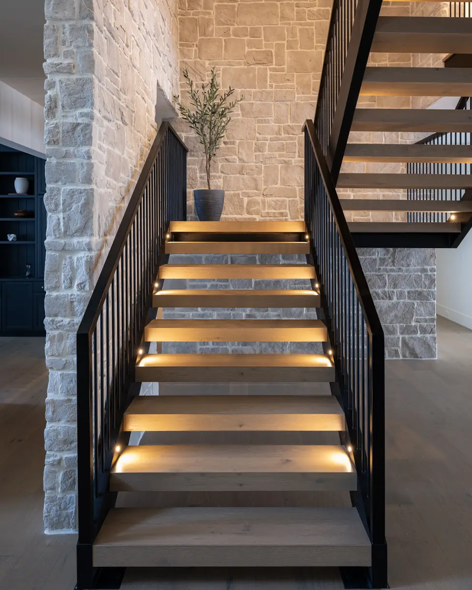 The stair with lit treads against a stone pier