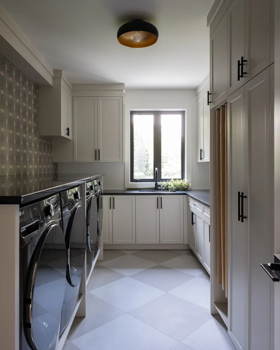 A laundry with white cabinets, a checkerboard floor, and a window