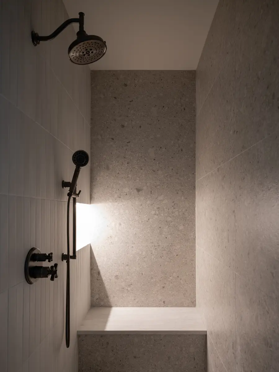 A shower in pale stone