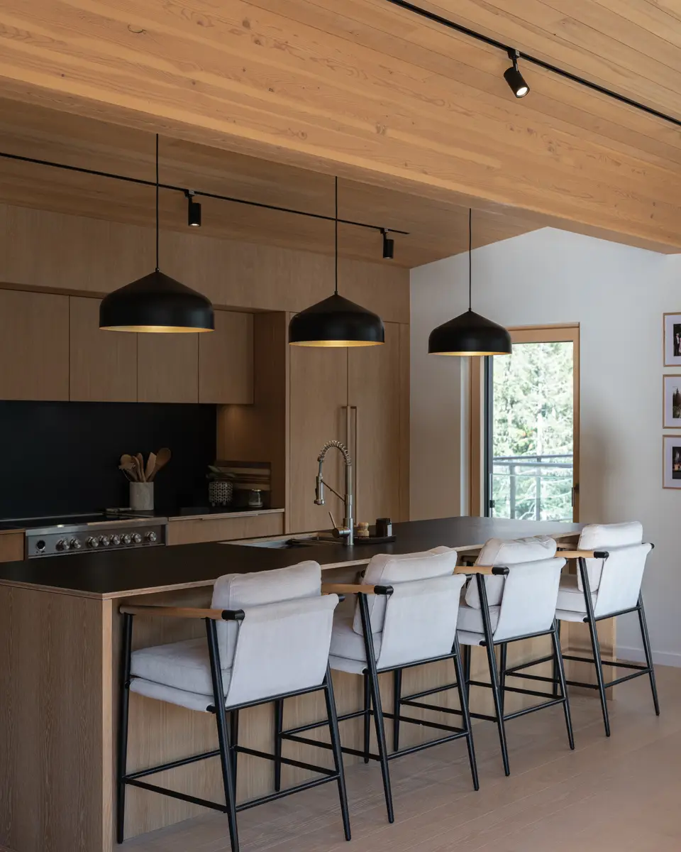 Kitchen island and stools under black pendants at Riverrun Place, Whistler