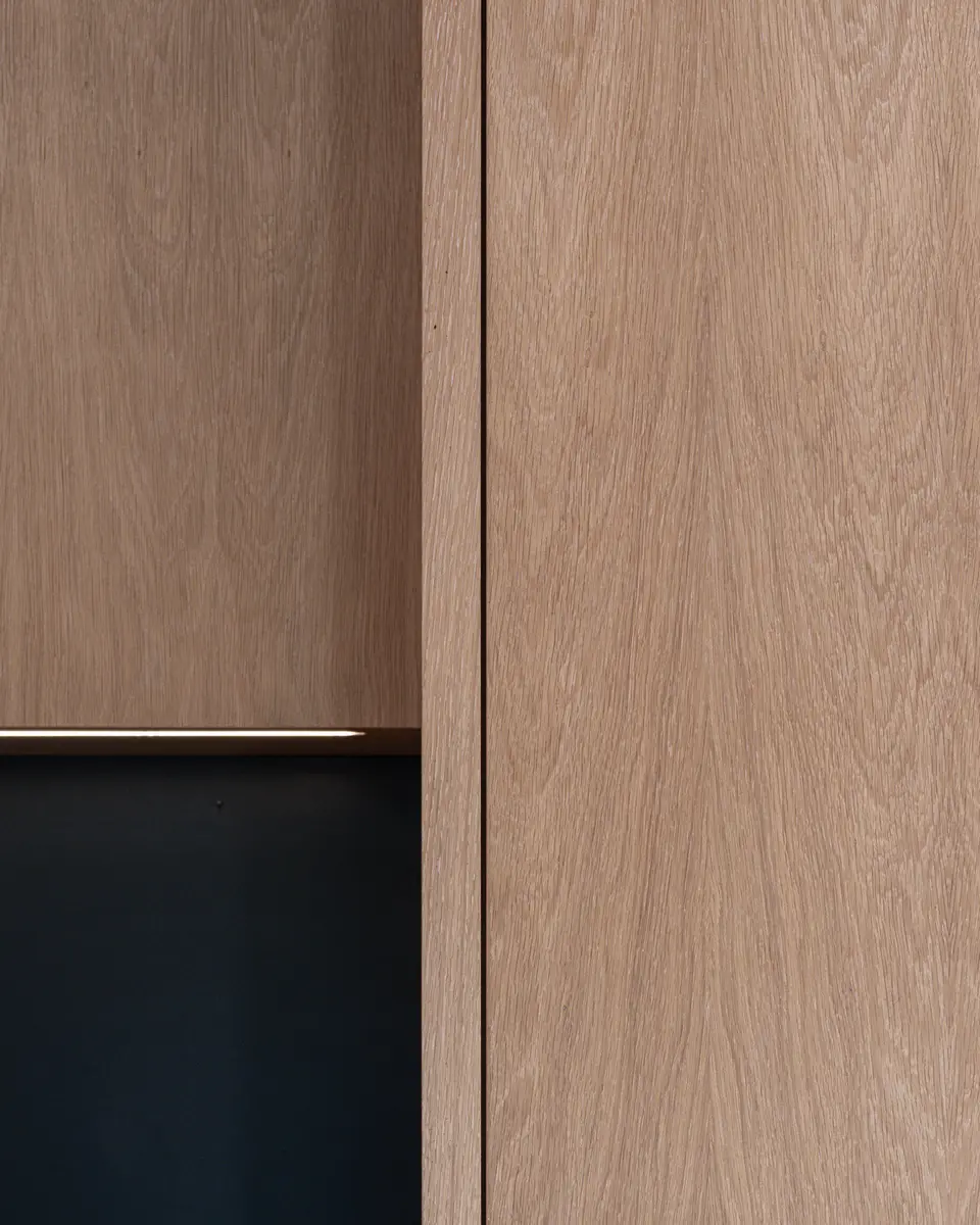 Wood millwork detail in the kitchen at Riverrun Place, Whistler