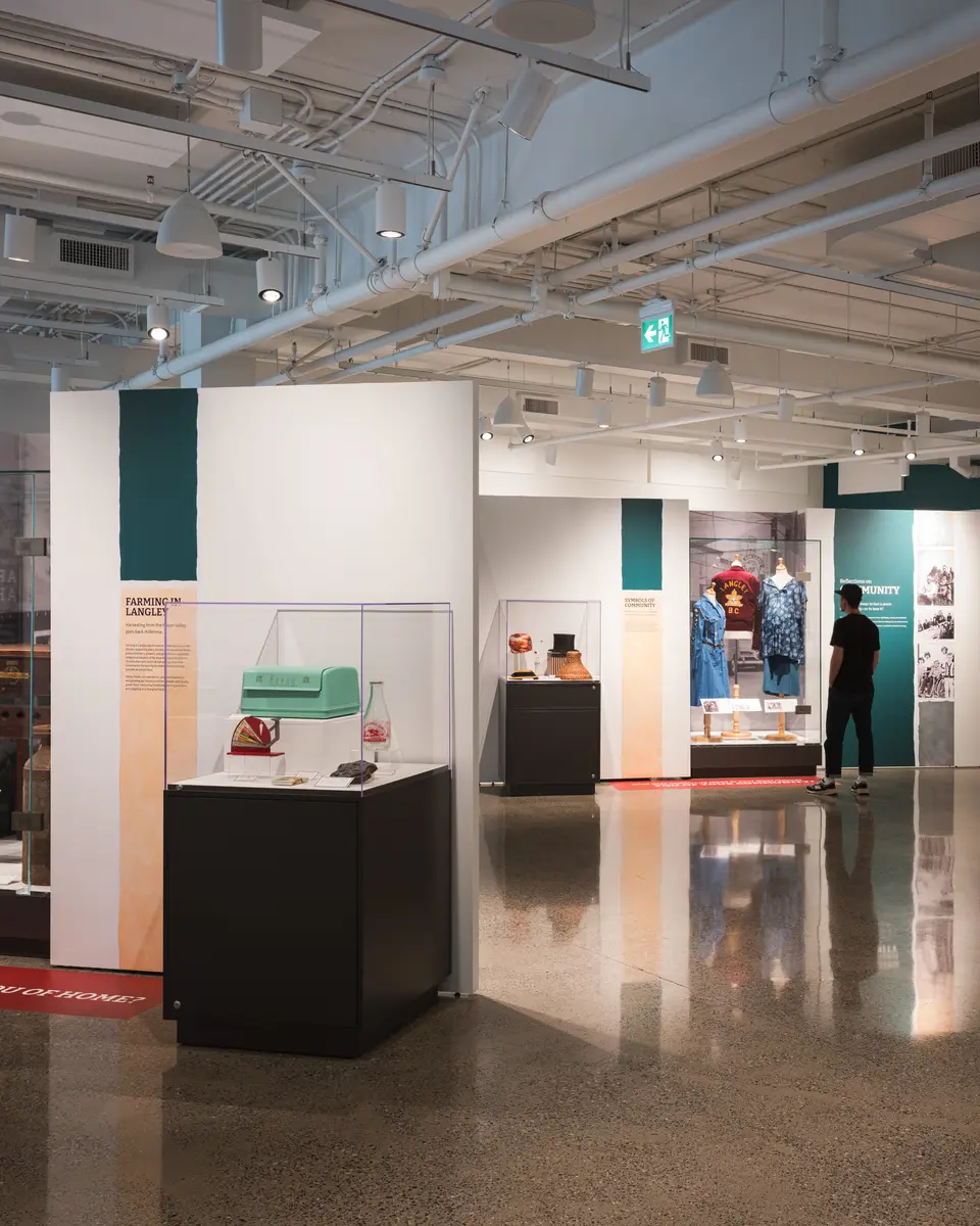 A tall vitrine in the gallery, cases receding behind it