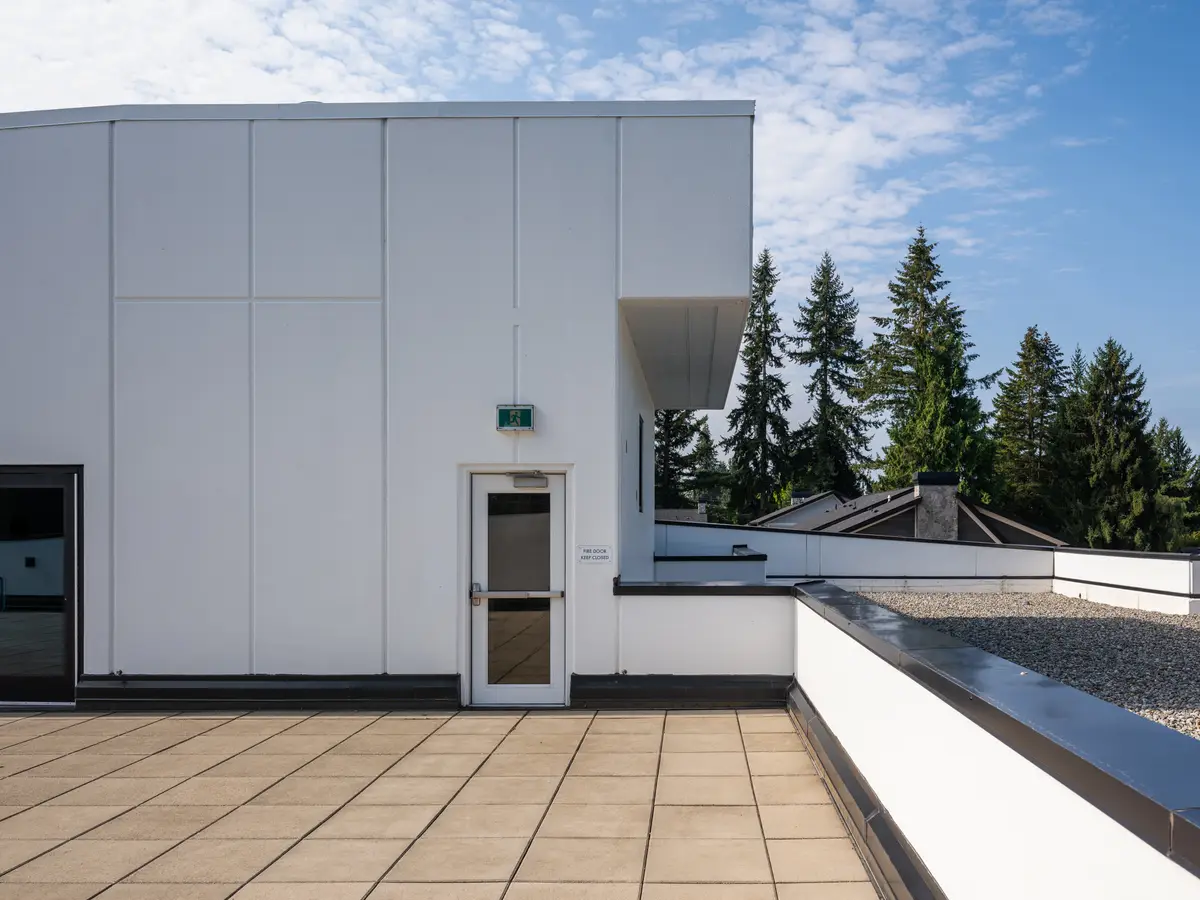 The upper terrace, a white mechanical volume and a door