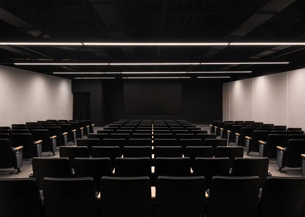 The theatre, rows of seats facing the dark stage