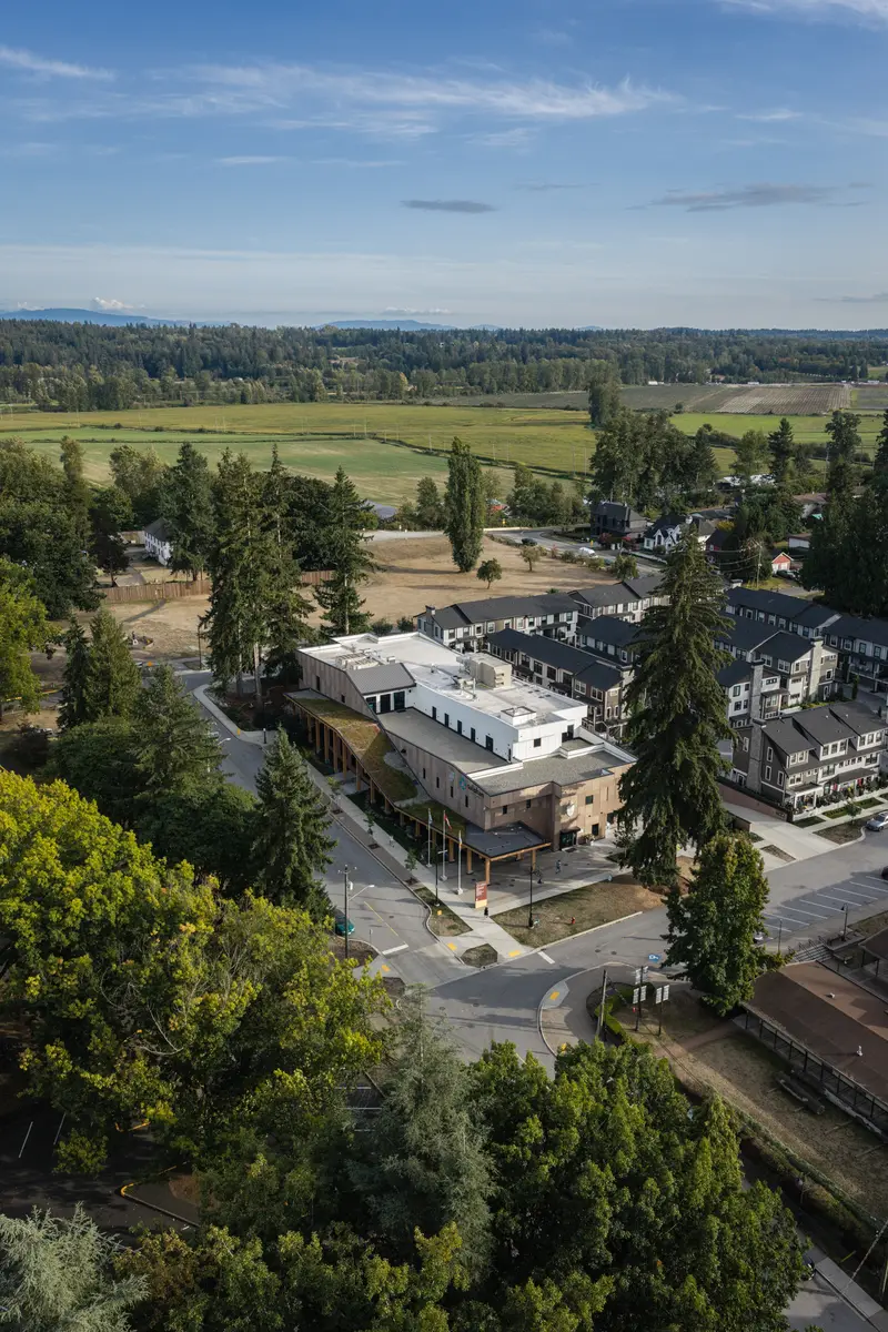 The building and the fields beyond, seen from above