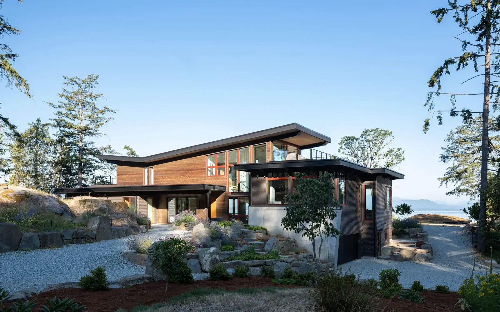 Salt Spring Island residence, the front elevation over the rock garden