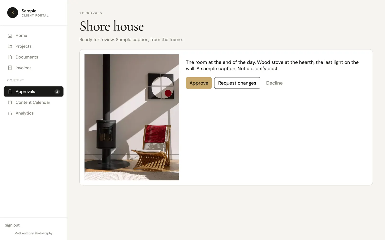Sample approval, with Approve, Request changes, and Decline.