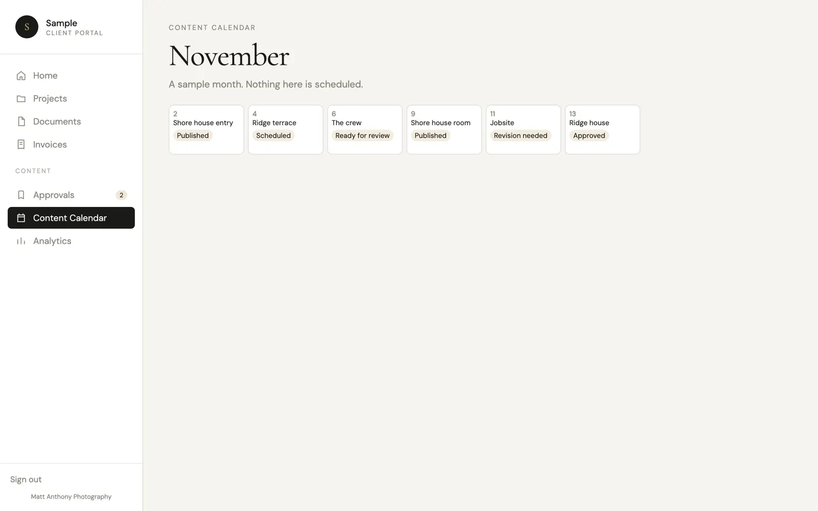Sample calendar. Nothing on it is scheduled.