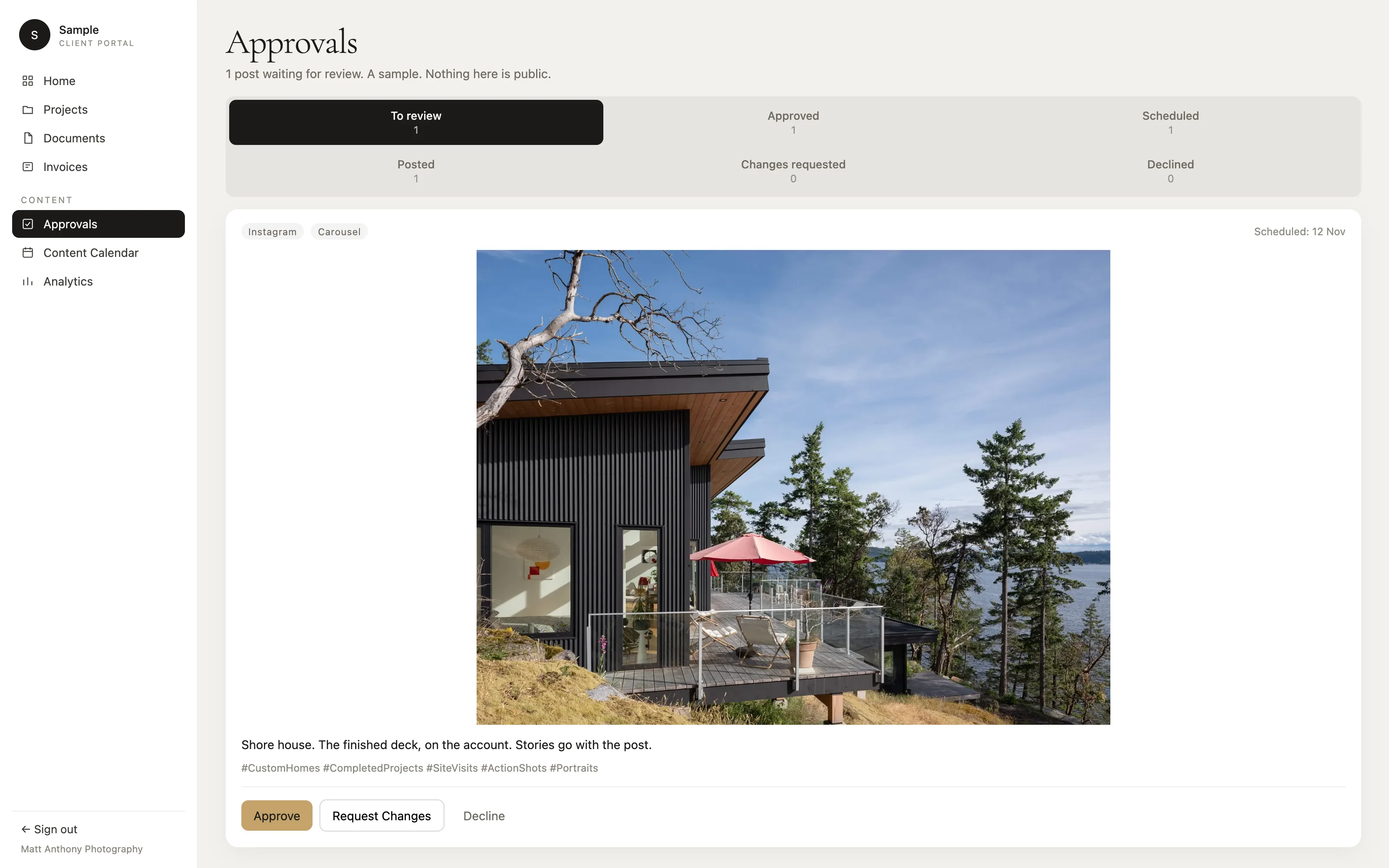 Sample approvals. To review is open, with Approve, Request Changes, and Decline. The other tabs are Approved, Scheduled, Posted, Changes requested, and Declined.