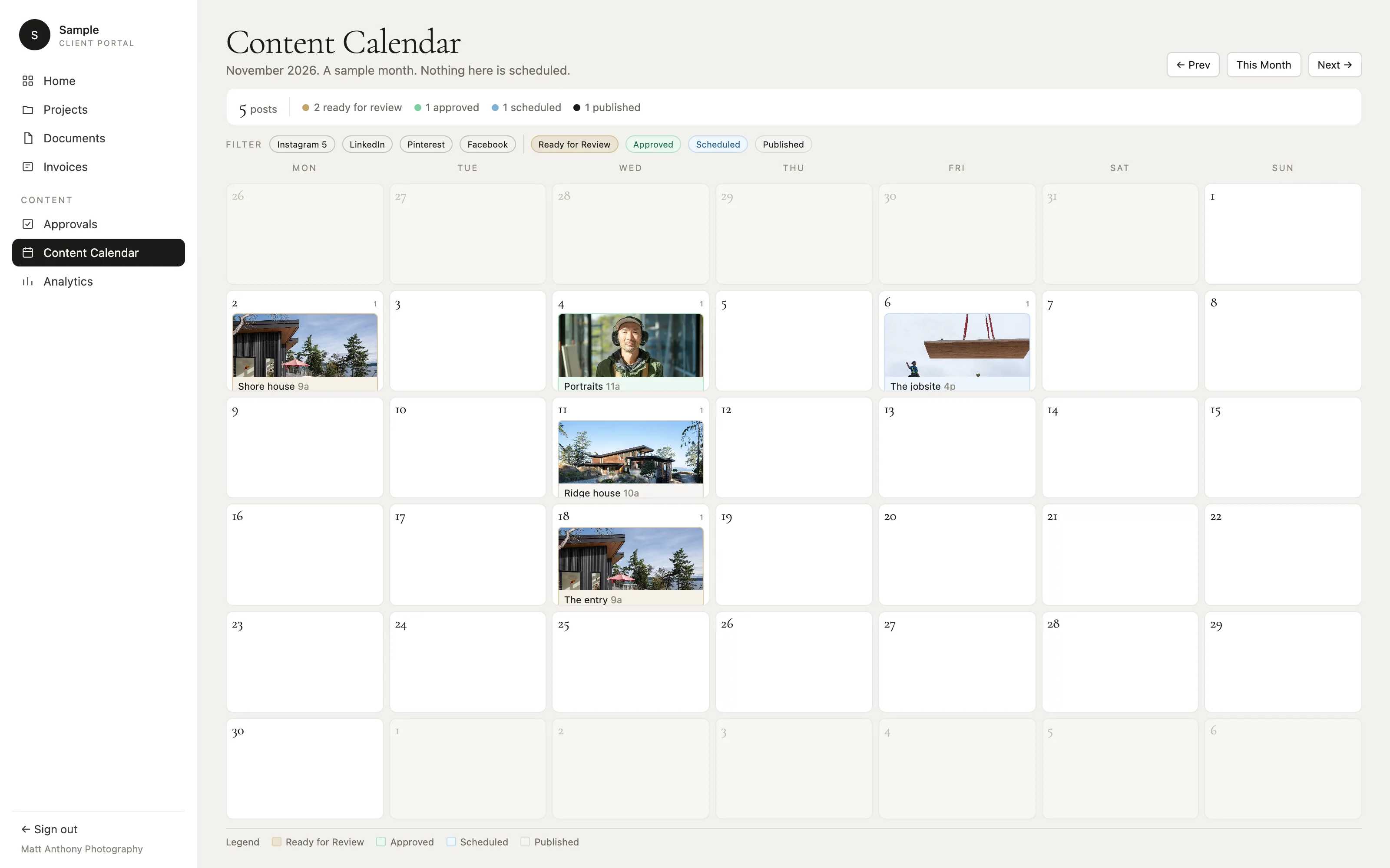 Sample content calendar for November. Posts sit on the day, marked ready for review, approved, scheduled, or published. Nothing here is a live schedule.