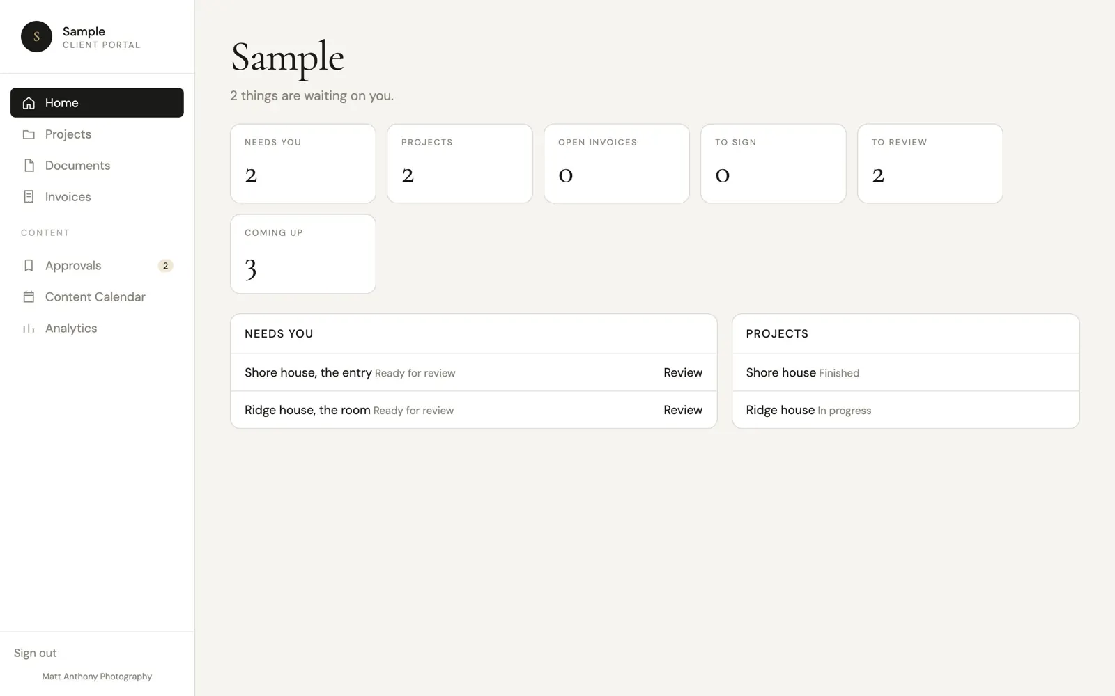 Sample portal home. Two posts waiting for review. Not a live count.