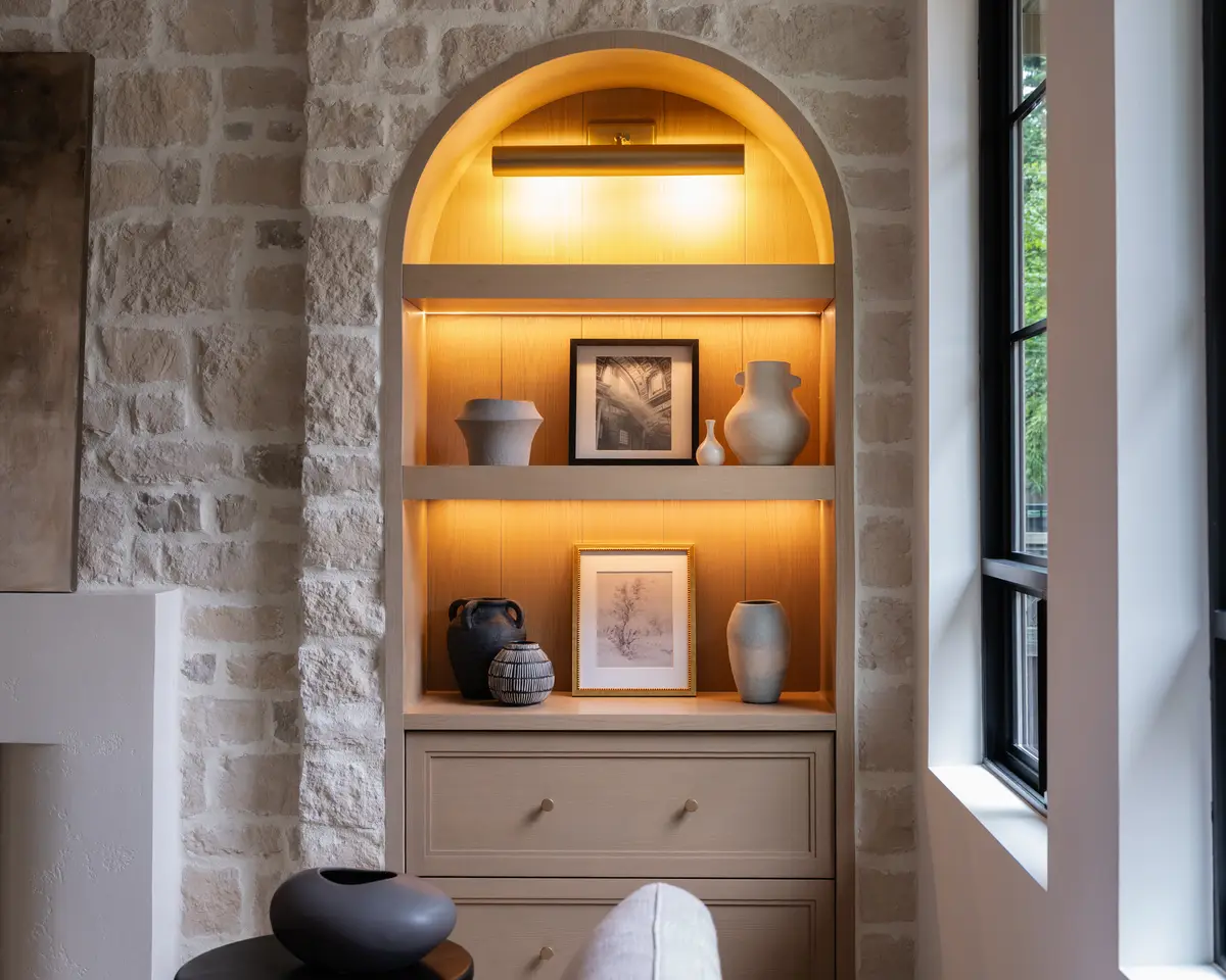 A lit arch of shelves set into the stone wall