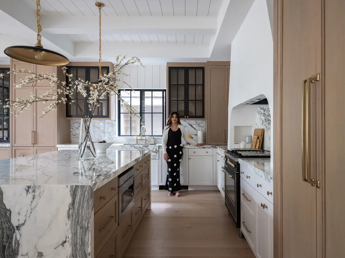 The length of the kitchen toward the back wall