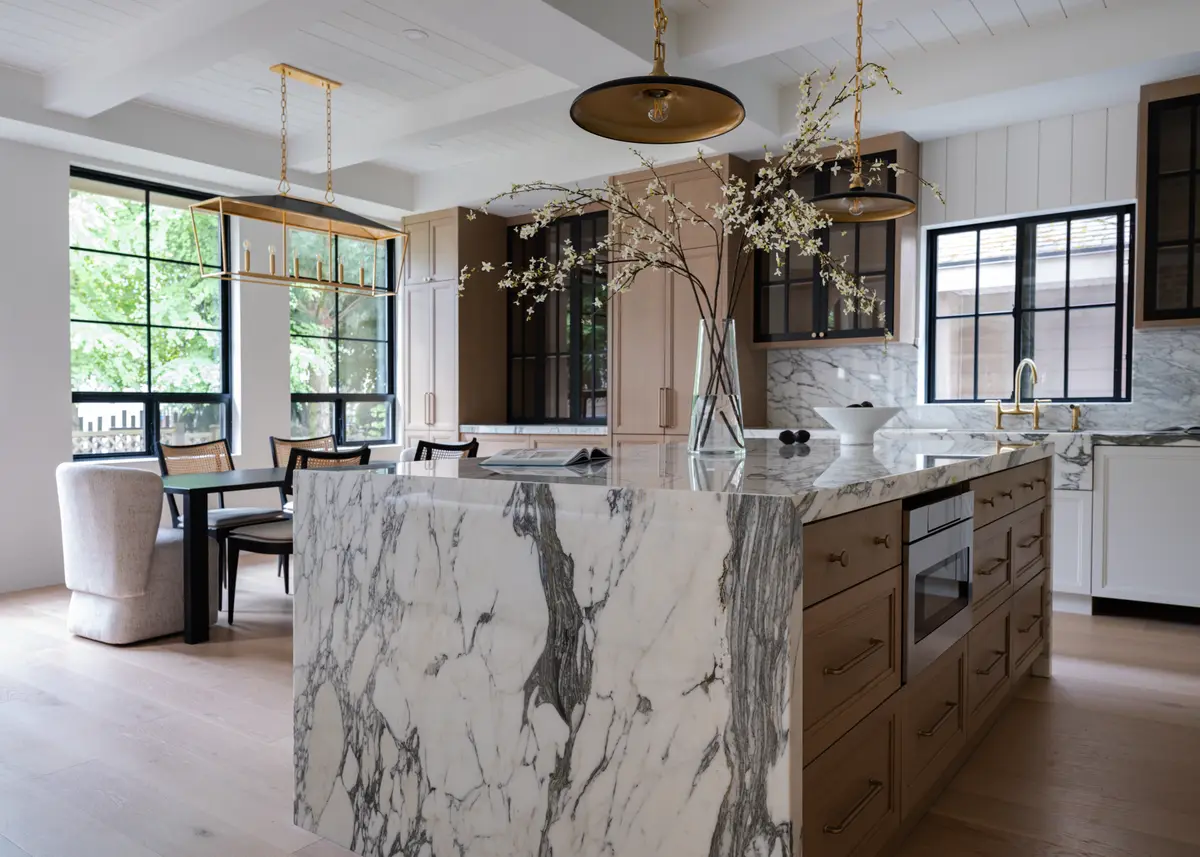 The kitchen wide, the stone island in the foreground